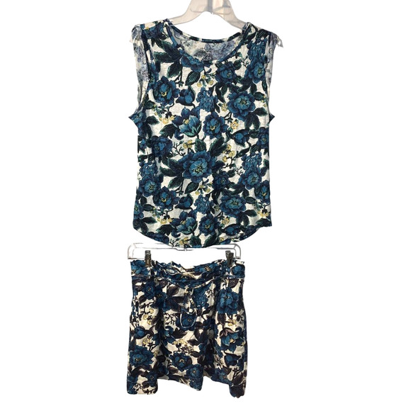 Loft Women's Euro Summer Linen Skirt Set Petite Size SP Blue Floral Travel Beach - Picture 1 of 7